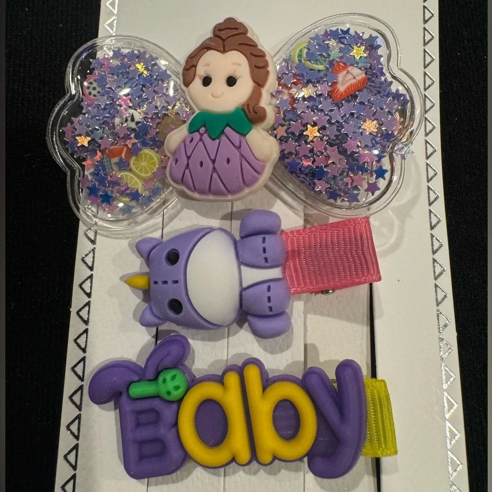 Girls Set of 3 Hair Clips Puffy Mermaid Purple